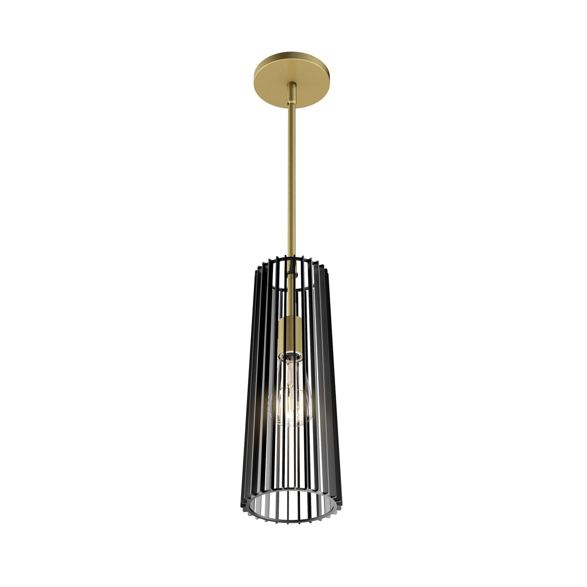 A modern pendant light with a brass ceiling mount and rod, featuring a cylindrical black metal cage shade around a single exposed bulb.