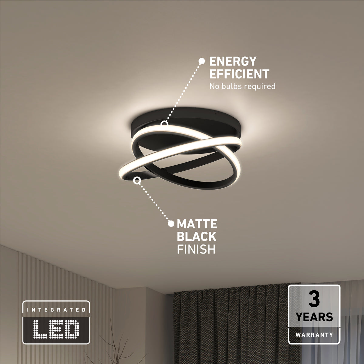 Modern ceiling light fixture with intertwined LED rings in a matte black finish. Text highlights energy efficiency, no bulbs required, and a 3-year warranty. Room features white walls and dark curtains.