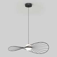 The Artika Tolena LED pendant light 3 CCT features a modern black wireframe design resembling an infinity symbol, suspended by a black cord and centered with a round white bulb.