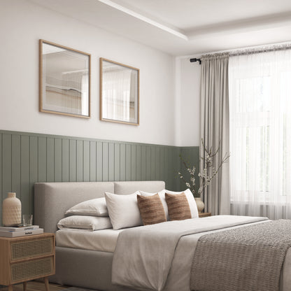 Modern bedroom with AXEN Shilap wall panels by Artika, green accent wall, large curtained window, and two pictures above a tidy bed.