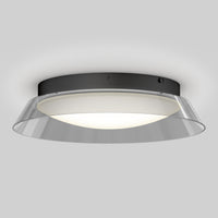 The Artika Arthur modern LED flush mount light 5 CCT features a black circular base, white diffuser, and clear outer rim. Mounted on a light gray ceiling, it emits a soft, even glow for contemporary spaces.