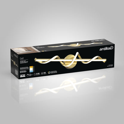 A rectangular Artika box displays the Coda modern LED bathroom vanity light 5 CCT in a gold and white wave-like design, with product details and specifications printed on the packaging.