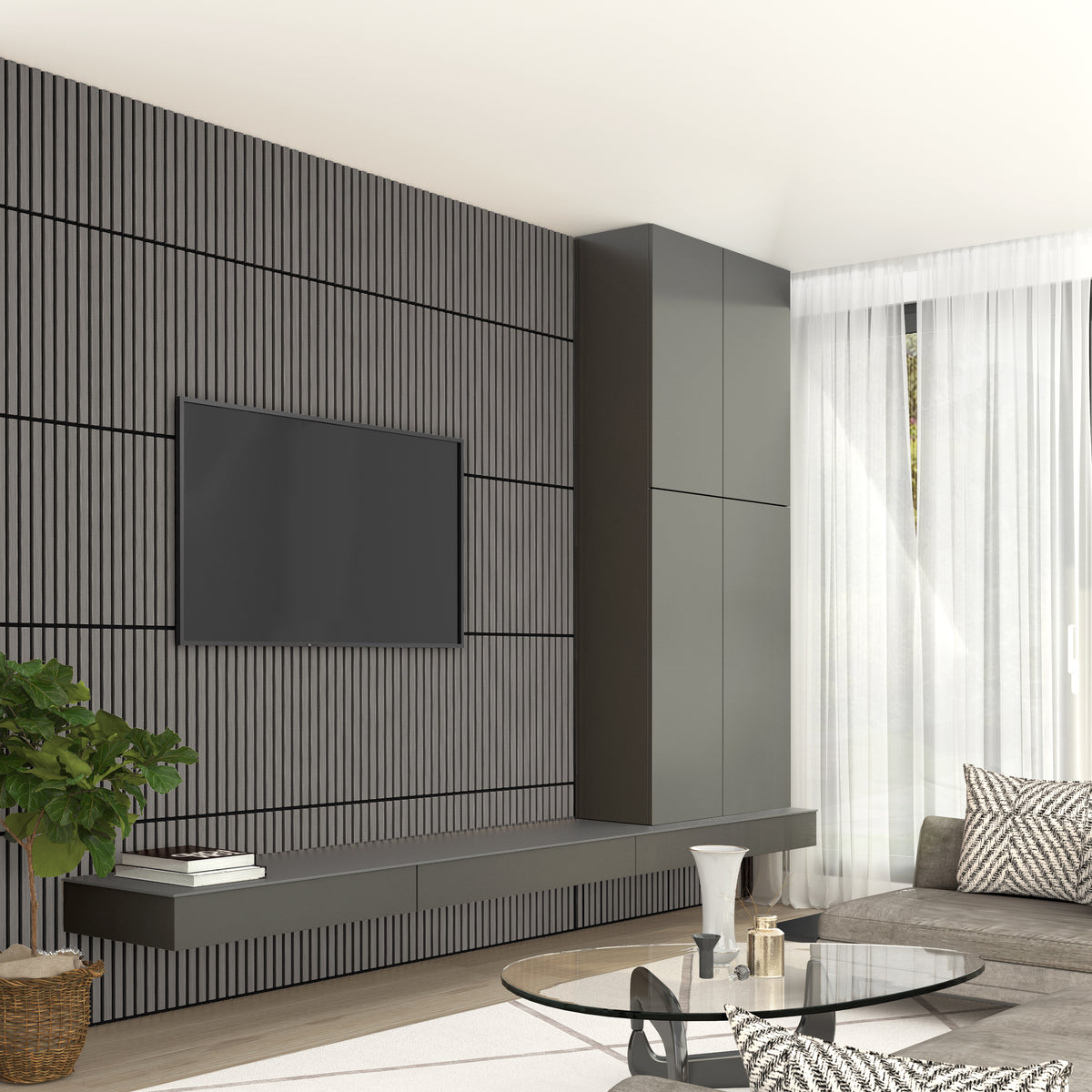 Modern living room with a wall-mounted flat screen TV on a dark striped accent wall, floating shelves, a glass coffee table, gray sofa, indoor plant, and sheer white curtains letting in natural light.