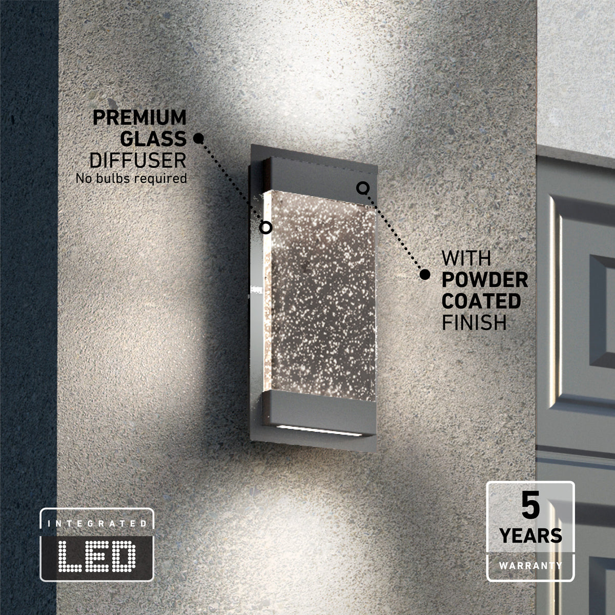 A modern rectangular LED wall light with a textured premium glass diffuser and powder-coated finish is mounted on a gray exterior wall. Text highlights its features and a 5-year warranty.