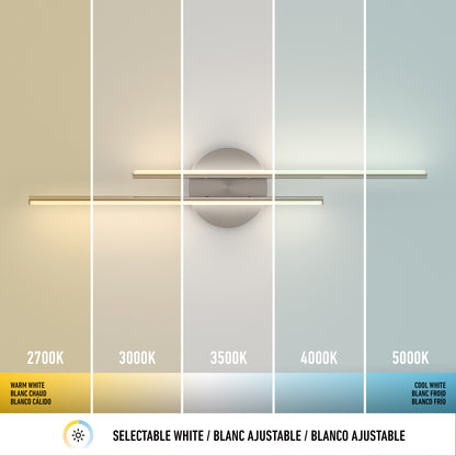 The Artika Cisco modern LED bathroom vanity light 5 CCT displays five color temperatures from warm white (2700K) to cool white (5000K), with labeled sections and a smooth color shift from yellow to blue.