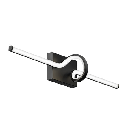 The Artika Bowtie modern LED bathroom vanity light 5 CCT features a black rectangular base with a white tubular LED that loops through a circular frame, extending horizontally on both sides for a sleek, contemporary look.