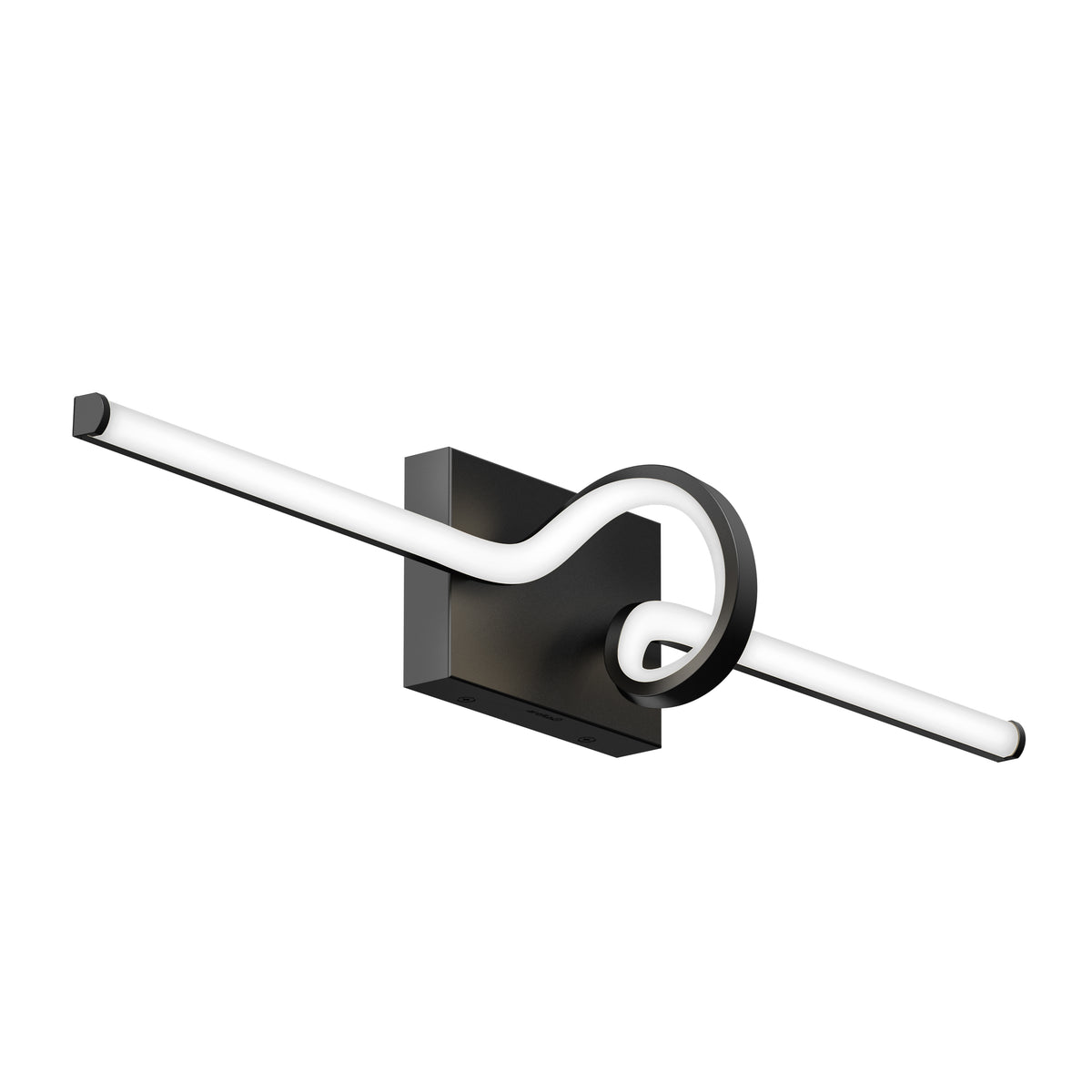 Modern wall-mounted light fixture with a black rectangular base and a white LED tube that loops through a circular element, creating a sleek, contemporary design.