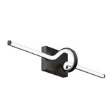 Modern wall-mounted light fixture with a black rectangular base and a white LED tube that loops through a circular element, creating a sleek, contemporary design.