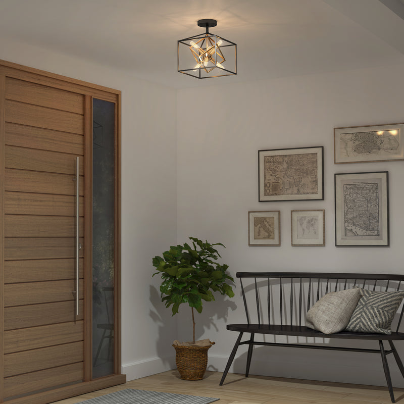 A modern entryway with a wooden door, black bench with cushions, potted plant, framed wall art, and the Artika Imperium flush mount light fixture. Decor is minimalist and the color scheme is neutral.