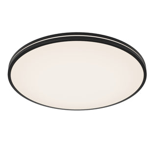 The Artika Athos 21 in. LED flush mount light features a modern round design with a black frame, large white diffused surface, and comes with a remote control.