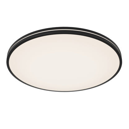 The Artika Athos 21 in. LED flush mount light features a modern round design with a black frame, large white diffused surface, and comes with a remote control.