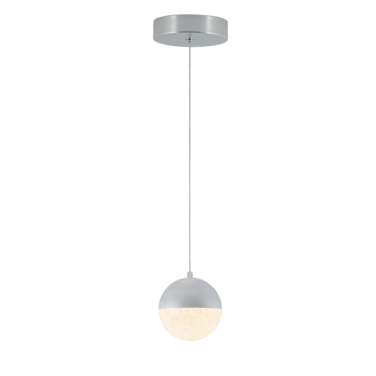 A modern pendant light with a round silver ceiling mount, a thin hanging cord, and a spherical light fixture that is half silver and half frosted glass, emitting a soft glow.