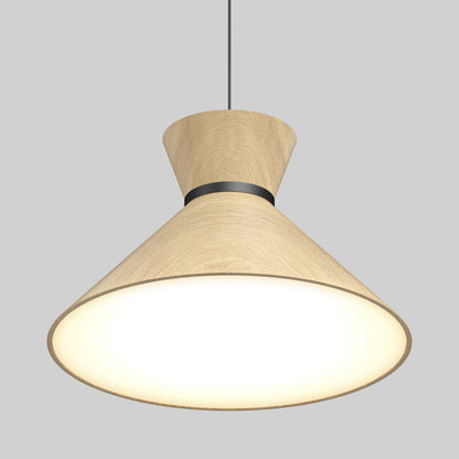 The Artika Inoa LED pendant light features a cone-shaped, light wood shade with a black band, suspended by a thin black cord. Its 5 CCT settings emit a warm glow, making it perfect for modern spaces.