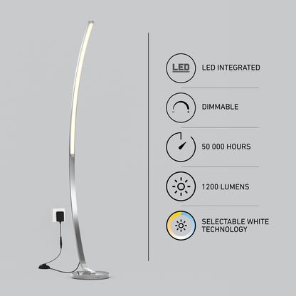 The Artika Arc LED Floor Lamp is a modern, dimmable floor lamp with selectable white technology, 1200 lumens brightness, 50,000-hour lifespan, and integrated LED—all plugged into a wall for convenience.