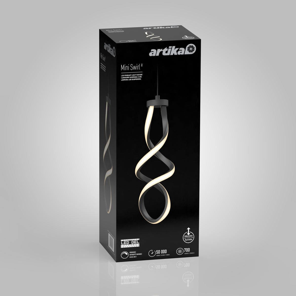 A black product box for the Artika Mini Swirl LED pendant light, featuring an image of the modern, spiral-shaped fixture glowing with soft white light on the front, along with specifications and branding.