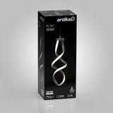 A black product box for the Artika Mini Swirl LED pendant light, featuring an image of the modern, spiral-shaped fixture glowing with soft white light on the front, along with specifications and branding.
