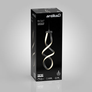 A black box displays the Artika Mini Swirl LED pendant light, featuring a sculptural spiral fixture on the front, with key product icons and specs shown in white text.