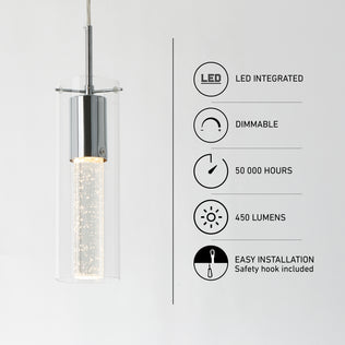 Artika’s Essence LED pendant light: glass shade, 450 lumens, dimmable, 50,000 hrs, safety hook for easy install.