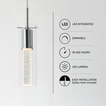 Artika’s Essence LED pendant light: glass shade, 450 lumens, dimmable, 50,000 hrs, safety hook for easy install.