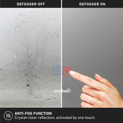 A split image displays a foggy window labeled "Defogger Off" and a clear one labeled "Defogger On," as a hand presses the anti-fog button. The Onyx dimmable LED mirror 3 CCT by Artika features an anti-fog function, perfect for any bathroom.