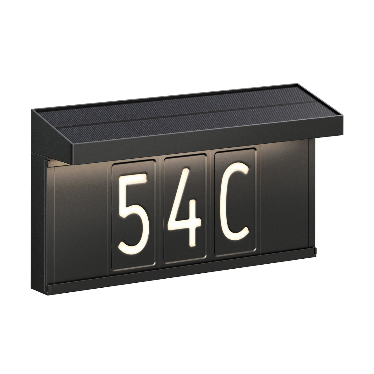The Artika Bowen solar LED outdoor address wall light 5 CCT is a black rectangular fixture with three illuminated panels displaying ‘54C’ in white beneath a slanted top, offering maintenance-free outdoor house number visibility.