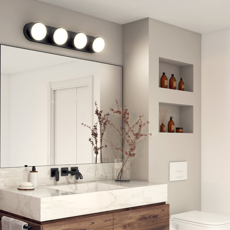 Modern bathroom with Santori 27-in LED Vanity Light by Artika, marble sink, matte black fixtures, large mirror, and decorative shelves.