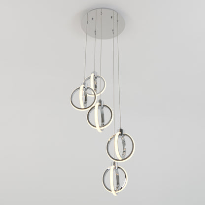 The Artika Soho modern 5-light LED pendant features five circular rings suspended at varying heights from a round ceiling mount, creating a striking contemporary look.