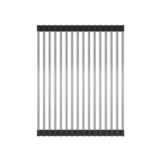 The Artika Newport 33 in. single bowl stainless steel workstation sink includes a rectangular rack with parallel metal rods and black ends, perfect for drying utensils next to your kitchen or single bowl sink.