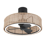 A ceiling fan with three black blades enclosed in a circular rattan-like wicker shade and a black mounting fixture.