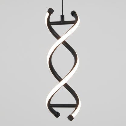 The Artika DNA LED pendant light features two twisted, glowing LED strips in a double helix design, elegantly suspended from the ceiling against a plain white background.
