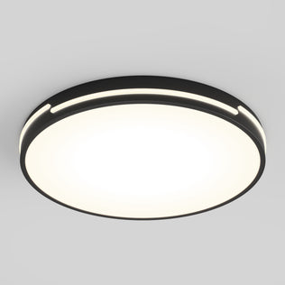 The Artika Delray 15.7 in. LED modern flush mount light features a black outer rim, smooth white center, and thin illuminated accents, all mounted on a neutral gray ceiling. This fixture offers 5 CCT options for customizable lighting.