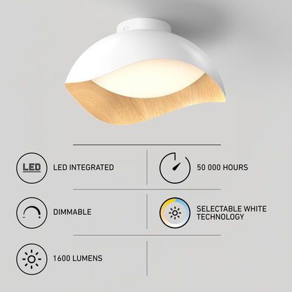 Adara 15 in. (38 cm) Modern LED Flush Mount Ceiling Light 5 CCT with a white dome, wood-grain interior, and icons for settings.