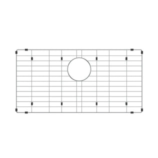 Designed for the Artika Newport single bowl 31 in. stainless steel workstation sink, this rectangular grid features evenly spaced bars, a center circular cutout, and black protective caps on the corners and sides.