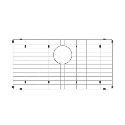 Designed for the Artika Newport single bowl 31 in. stainless steel workstation sink, this rectangular grid features evenly spaced bars, a center circular cutout, and black protective caps on the corners and sides.