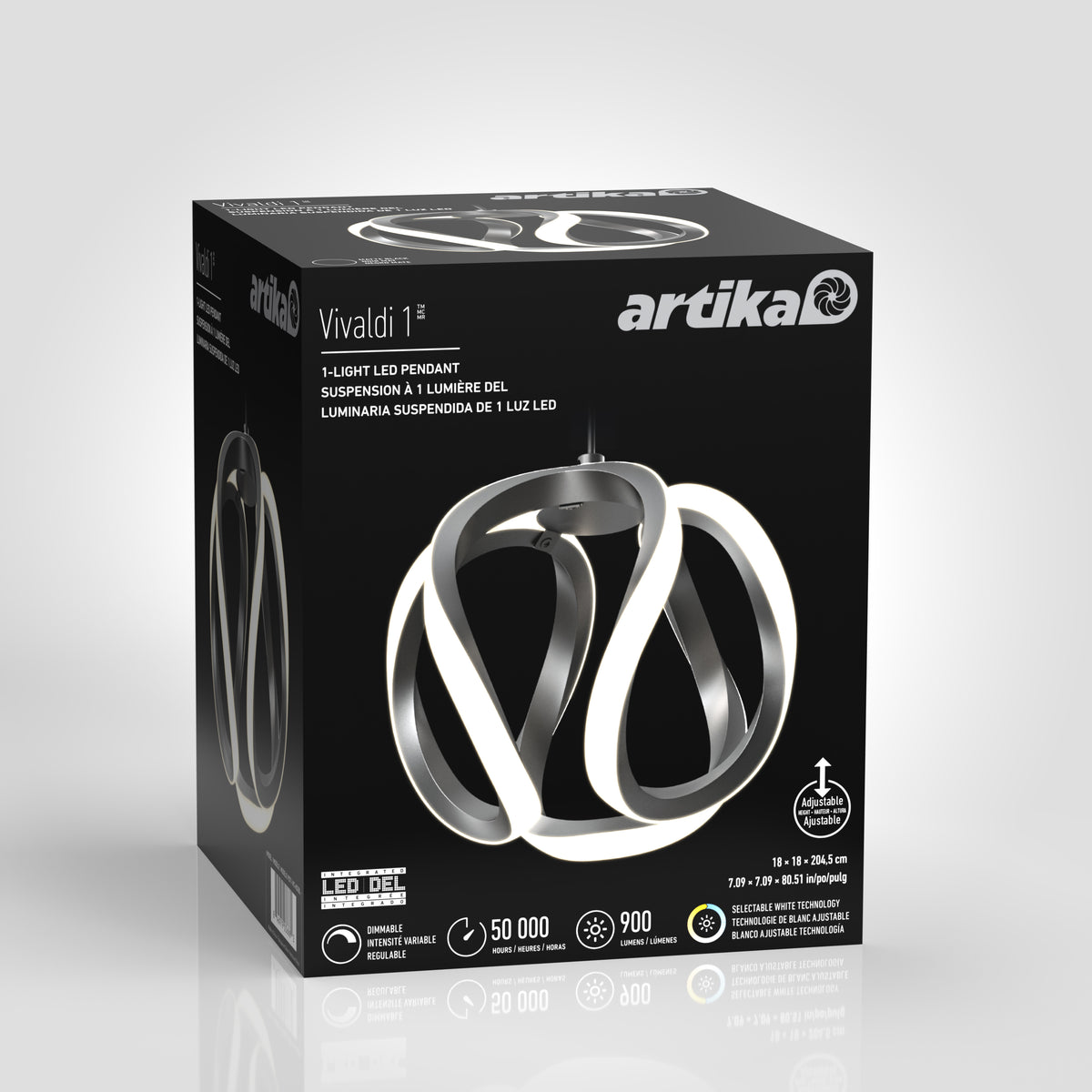 A black box featuring the Artika Vivaldi 1 LED pendant light. The front shows the pendant’s modern, twisted design illuminated, with product details including 50,000 hours, 900 lumens, dimmable, and 25-watt LED.
