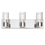 A modern three-light vanity fixture with a rectangular chrome base and three cylindrical glass shades, each containing an inner textured diffuser.