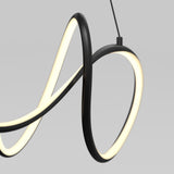 A modern, black pendant light with a continuous, looping LED strip design hanging against a plain, light gray background.