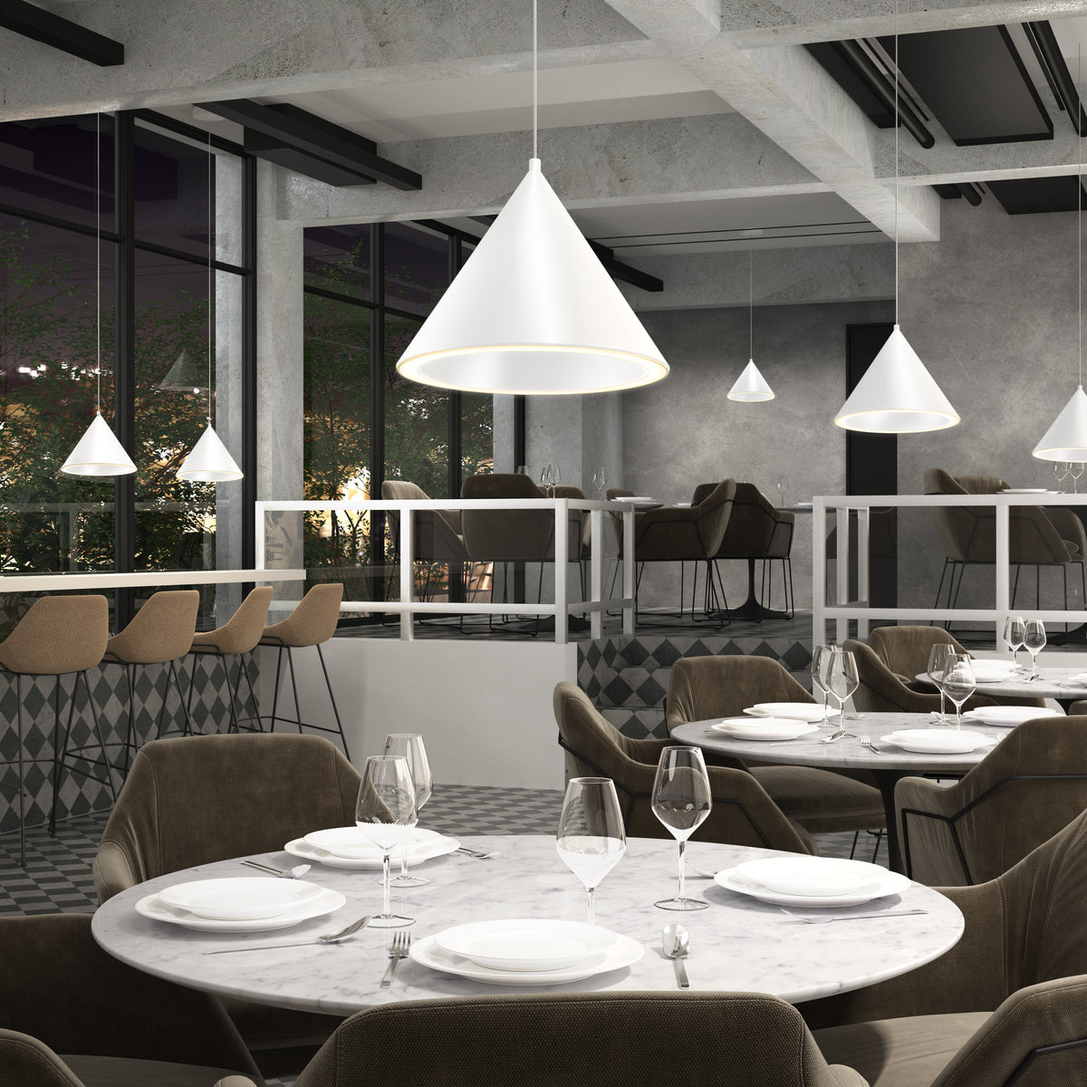 Modern restaurant with round marble tables, brown chairs, and Artika Denali modern LED pendant lights (3 CCT adjustable).