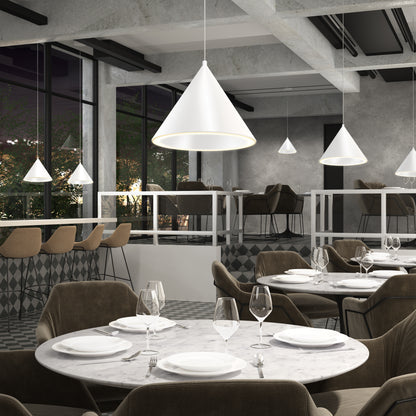 Modern restaurant with round marble tables, brown chairs, and Artika Denali modern LED pendant lights (3 CCT adjustable).