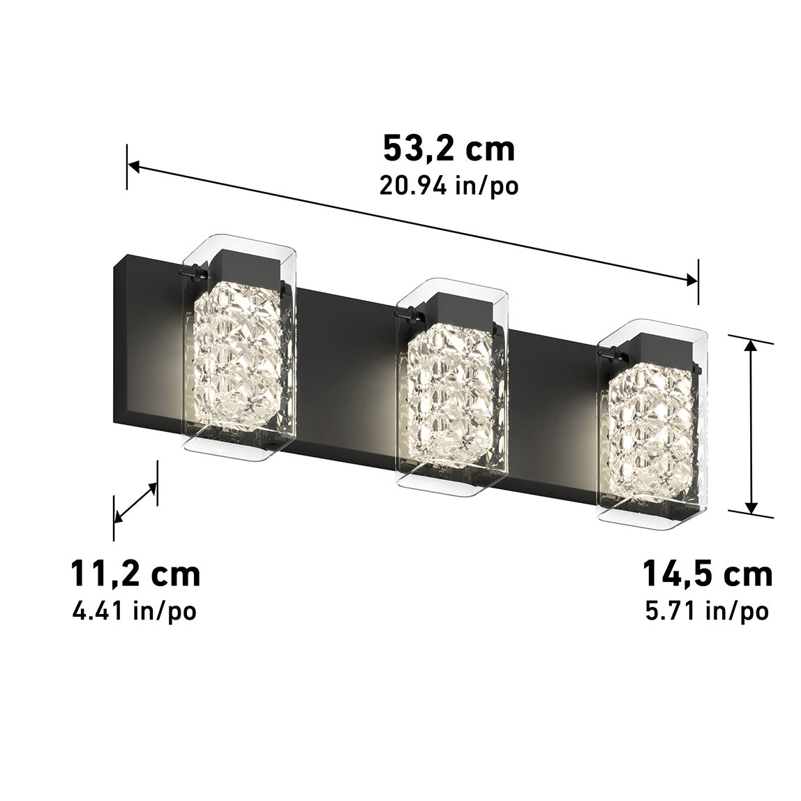 Black rectangular wall light fixture with three glass-covered bulbs; dimensions shown are 53.2 cm wide, 14.5 cm high, and 11.2 cm deep (20.94 x 5.71 x 4.41 inches).