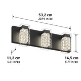 Black rectangular wall light fixture with three glass-covered bulbs; dimensions shown are 53.2 cm wide, 14.5 cm high, and 11.2 cm deep (20.94 x 5.71 x 4.41 inches).