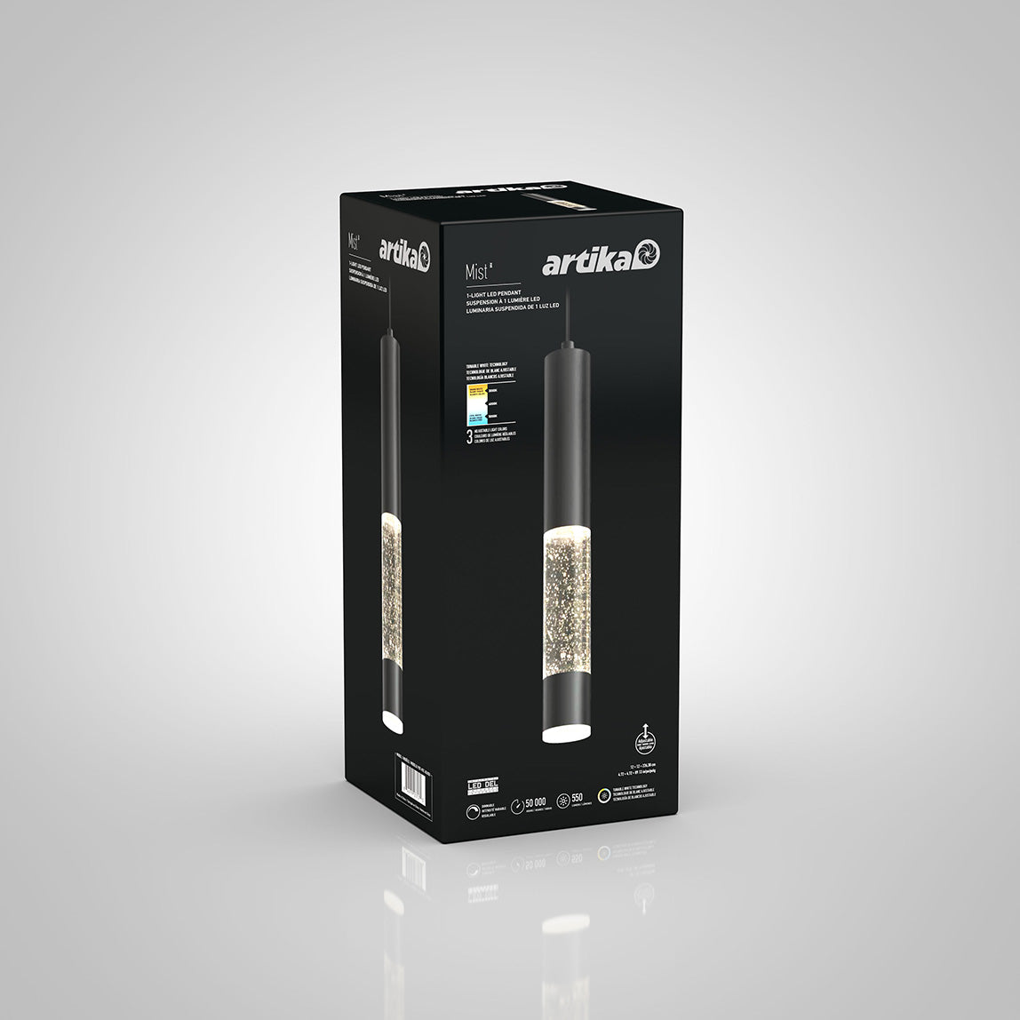A black retail box showcases the Artika Mist LED pendant light, featuring a sleek black cylindrical design with sparkling crystals inside. The packaging displays product information and Artika branding.