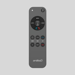 The Artika Replacement Remote Control for Ceiling Fans is gray and features white-labeled buttons for fan speed, timer, light on/off, direction, and color temperature adjustments.