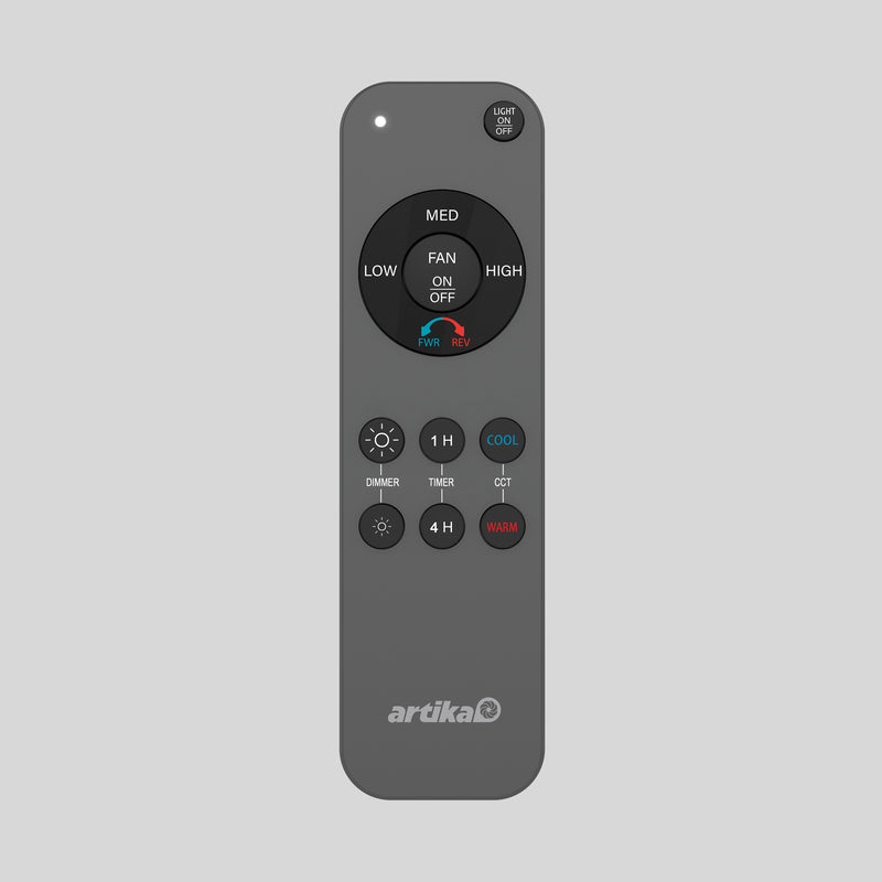 The Artika Replacement Remote Control for Ceiling Fans is gray and features white-labeled buttons for fan speed, timer, light on/off, direction, and color temperature adjustments.
