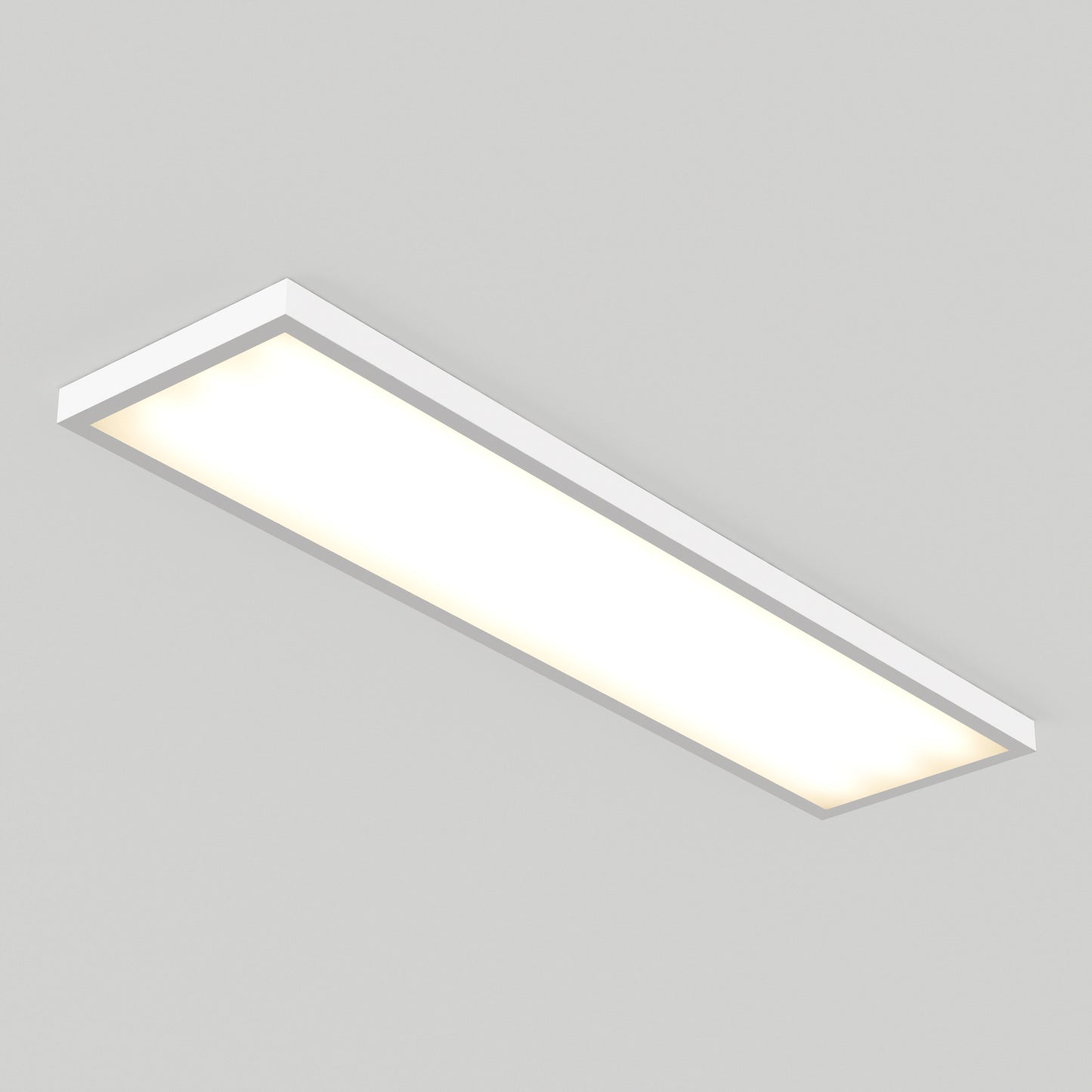 The Artika Skyshade smart RGB LED light panel, a rectangular white fixture, is mounted on a plain light gray ceiling, emitting a bright, even glow.