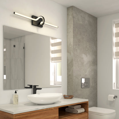 Modern bathroom featuring a vessel sink on a wooden vanity, large mirror, and the Artika Bowtie modern LED bathroom vanity light 5 CCT above. Includes beige window blinds, gray wall accents, and a toilet with wall-mounted flush plate.