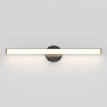 The Artika Ewen modern LED bathroom vanity light 5 CCT features a slim frosted horizontal light bar on a round black base, casting soft, even illumination on your wall.
