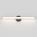A modern wall-mounted LED light fixture with a horizontal, slim, rectangular design and a circular base, emitting a bright, even light against a plain white wall.