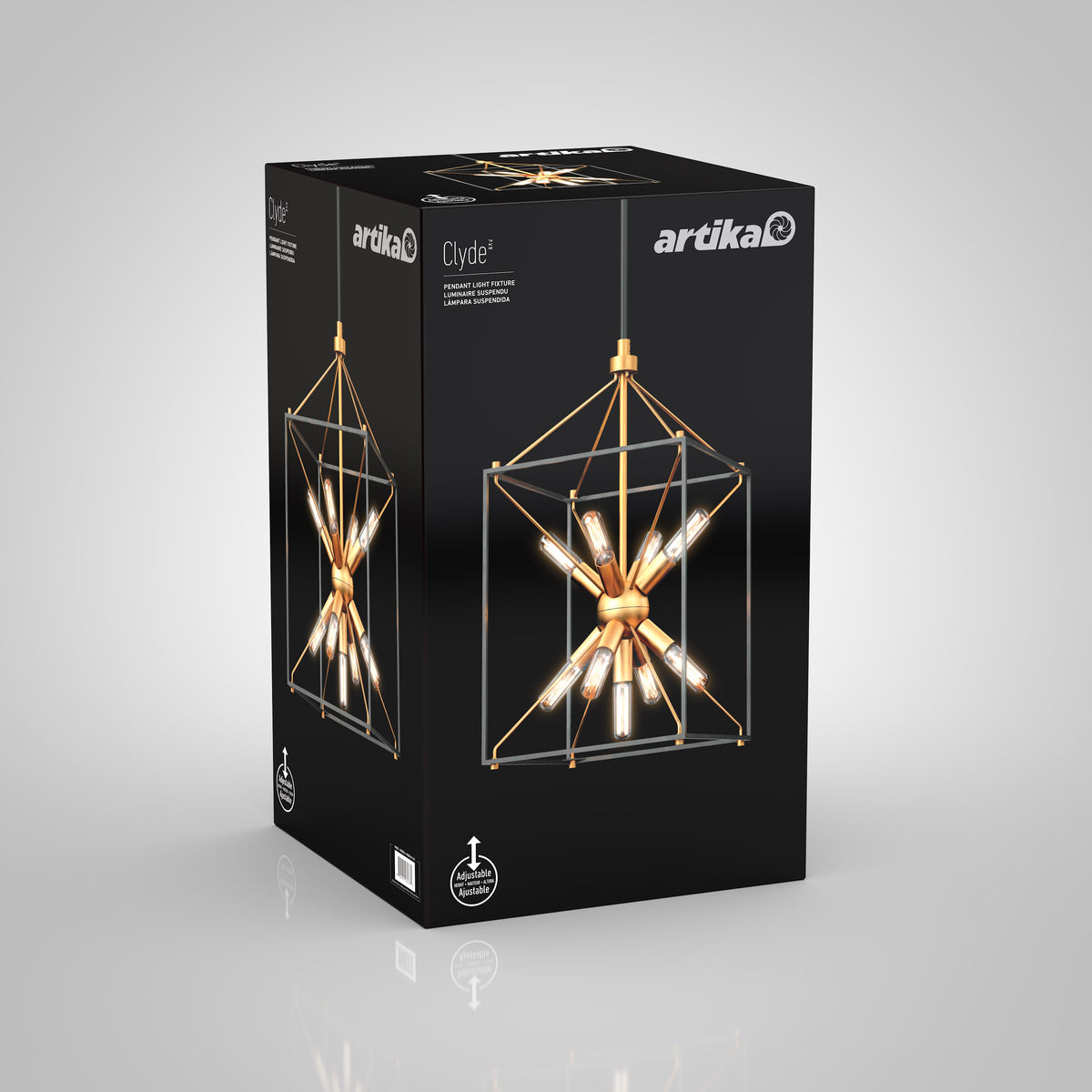 A black box packaging for an Artika Clyde pendant light fixture, featuring a gold geometric frame with exposed bulbs. The box displays product images, name, and logo on a grey gradient background.