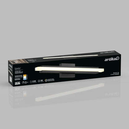A rectangular Artika Ophelia modern LED bathroom vanity light 5 CCT in sleek black packaging featuring product image, logos, and technical details on a gray background.